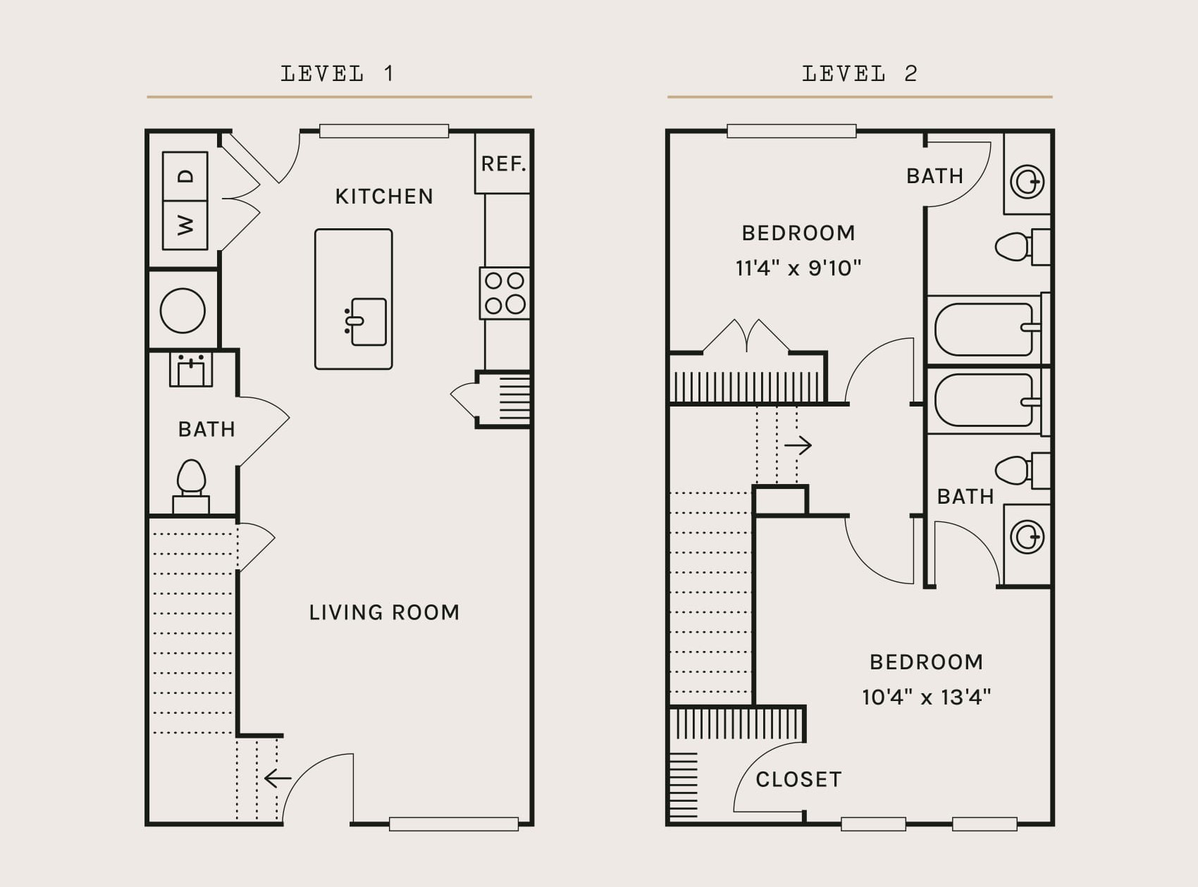Floor plan for 2 beds, 2.5 baths, 1152 sqft